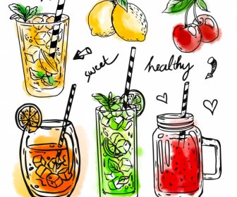 Fruit Juices Icons Colored Classical Handdrawn Sketch