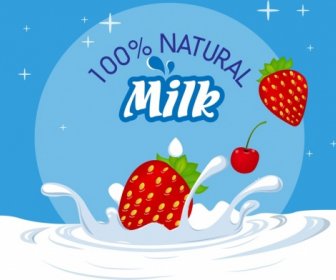 Fruit Milk Advertisement Splashing Liquid Strawberry Icons Decor