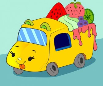 과일 트럭 아이콘 귀여운 양식된 만화 디자인