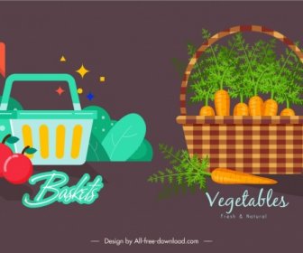 Fruit Vegetables Baskets Icons Dark Colored Classical Design