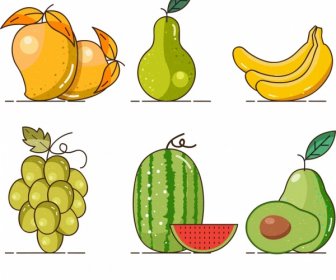 果物の背景 マンゴー、梨、バナナ、ブドウ、スイカ、アボカド