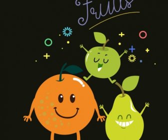 Fruits Banner Cute Stylized Pears Apple Orange Icons