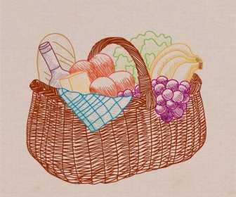 корзина с фруктами картина цветной нарисованный от руки эскиз