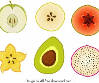 Elemen Desain Buah-buahan Irisan Datar Berwarna-warni Sketsa Yang Digambar Tangan