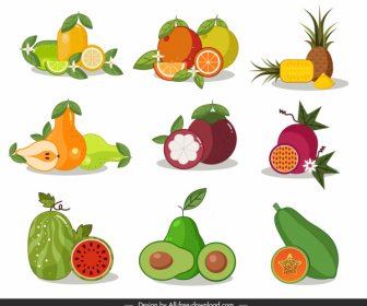 Fruits Icons Bright Colorful Classic Flat Design