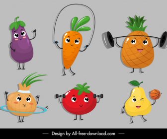 Fruits Icons Funny Stylized Sketch Cartoon Characters