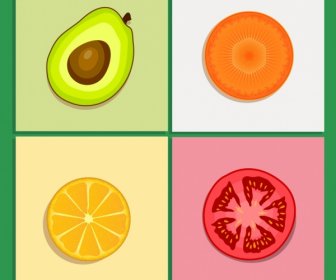 Fruits Ingredients Icons Colored Flat Cut Slice Design