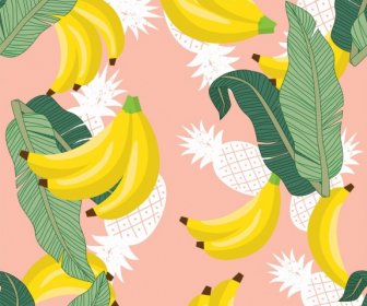 Frutas Patrón Plátano Piña Hojas Decoración Colorido Clásico
