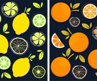 Buah-buahan Pola Set Lemon Oranye Ikon Desain Datar