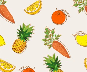 Fruits Pattern Template Colored Flat Classic Handdrawn Design