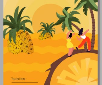 Buah Poster Pulau Nanas Sketsa Warna-warni Klasik
