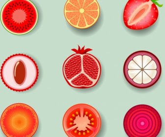 Fruits Slices Icons Red Design Various Types
