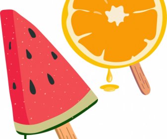 Fruity Ice Cream Icons Watermelon Orange Sketch