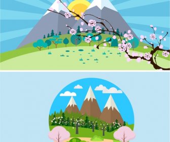 Fuji Paesaggi Di Montagna, Vettore Illustrazione Con La Primavera