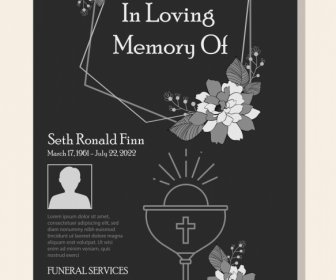 葬儀のベクター画像カードテンプレートエレガントな暗い花キリスト教のエレメントモノクロの装飾
