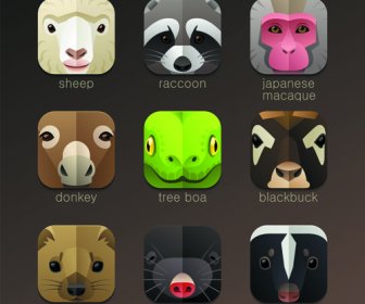 Funny Animal Icons Flat Style Vector