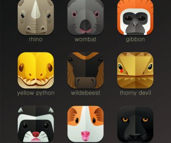 Funny Animal Icons Flat Style Vector
