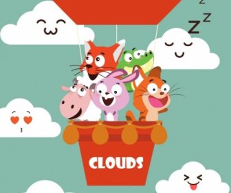 Funny Animals Drawing Stylized Clouds Icons Colored Cartoon