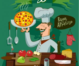 Chef Drôle Avec Pizza Vecteur 3