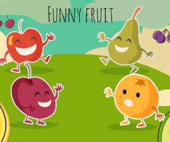 Funny Fruit Background Stylized Icons Cartoon Design