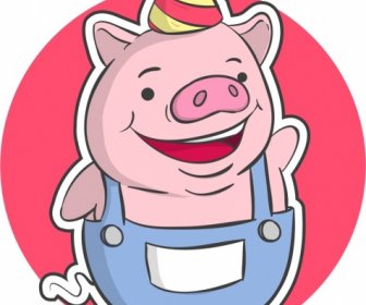 Funny Pig Icon Sticker Stylized Cartoon Design