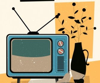 фон телевидения горшок иконы цветные ретро дизайн мебели