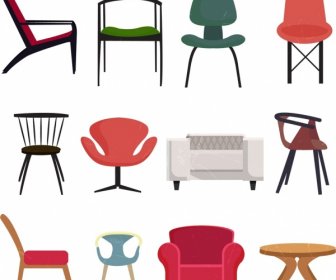 Furniture Chairs Icons Collection Various Colored Types