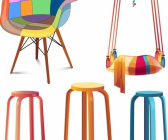 Furniture Icons Chairs Swing Objects Colorful 3d Design