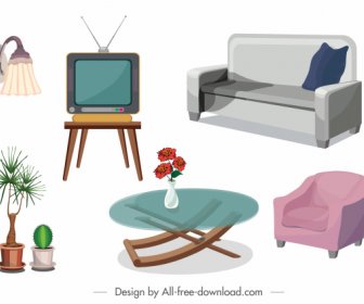 Furniture Icons Colored 3d Sketch