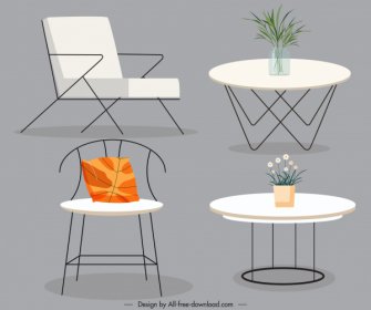 ícones Da Mobília Objetos Contemporâneos Da Tabela Da Cadeira Esboço 3d