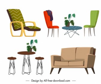 Móveis ícones Mesas Cadeiras Esboçam Design Contemporâneo
