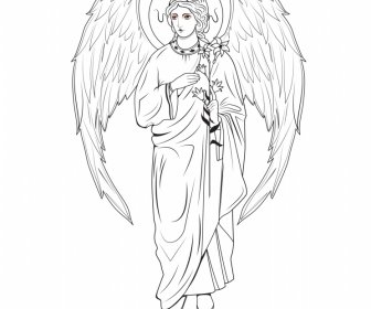 Gabriel Angel Icon Garis Besar Handdrawn Hitam Putih