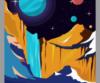 Planet Poster Galaksi Pemandangan Sketsa Desain Warna-warni