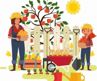 Garden Work Background Family Farmer Icons Cartoon Characters