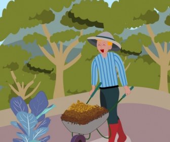 Garden Work Background Man Wheelbarrow Icons Cartoon Design