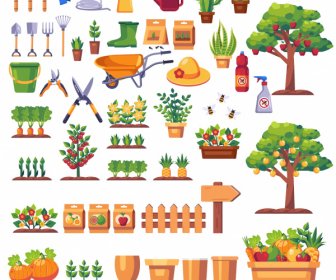 garden work design elements colorful products tools sketch