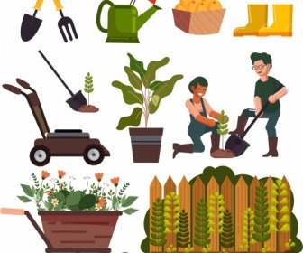 Garden Work Design Elements Tools Plants Gardener Icons