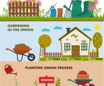 Gardening Banners Illustration With Various Horizontal Types