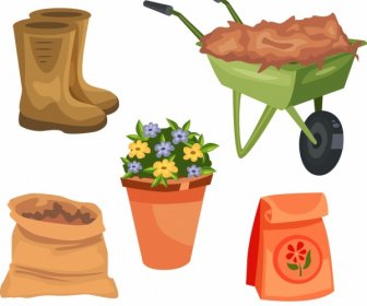 Gardening Design Elements Flower Pot Tools Icons