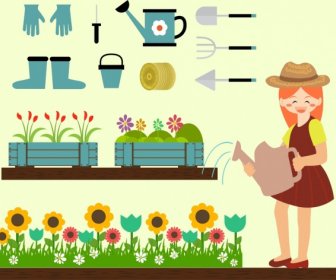 Gardening Design Elements Human Tools Icons Colorful Design