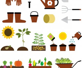 Gardening Icons Isolation With Various Tools And Vegetables