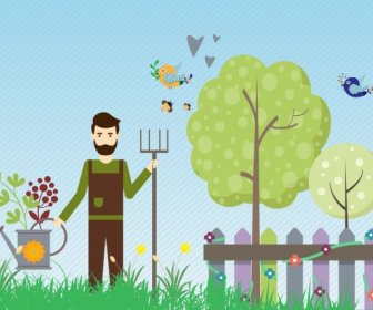 Gardening Theme Man With Tools Decoration Colorful Design