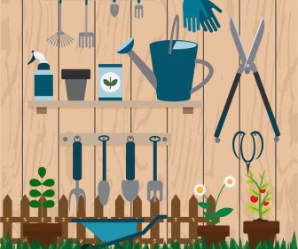 Иллюстрация коллекции садовых инструментов с различными типами
