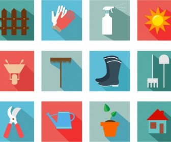 Gardening Tools Icons Collection Flat Colored Isolation