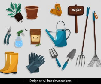 Gardening Tools Icons Colored Flat Design