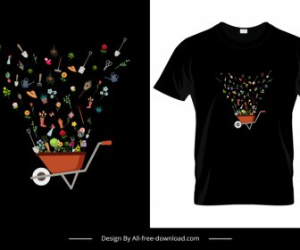 Plantilla De Camiseta De Jardinería Dynamic Dark Tools Flowers Sketch