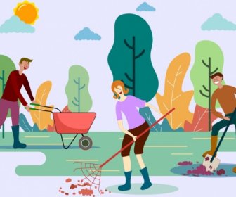 Gardening Work Background Working People Icons Cartoon Design