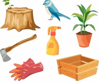 Gardening Work Design Elements Colorful Icons Decor