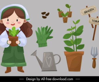 Gardening Work Design Elements Girl Planting Tools Sketch