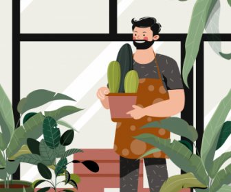 Gardening Work Painting Colored Cartoon Character Sketch